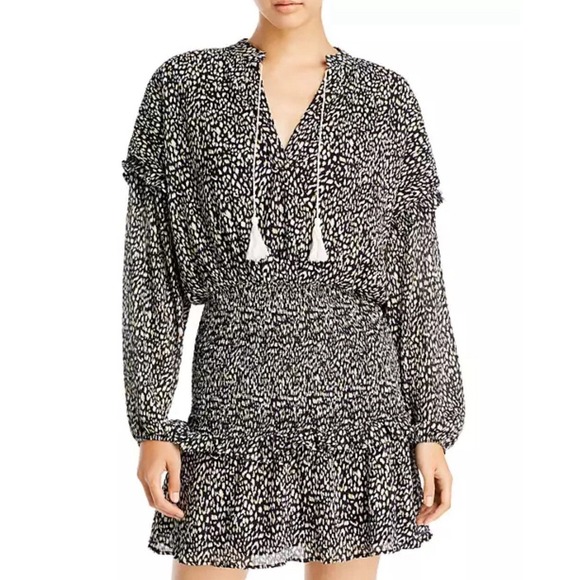 NWT Aqua Animal Print Smocked Mini Dress Chiffon Tasseled Party Chic Size XS - Picture 2 of 11
